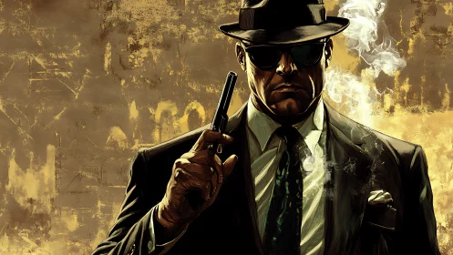 Male figure in suit holding handgun against textured backdrop.