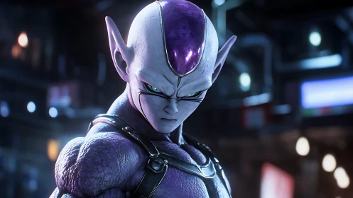 Starlit purple warrior narrows glowing eyes at unseen threat