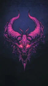 Horned demonic skull illustration with glowing pink eyes.