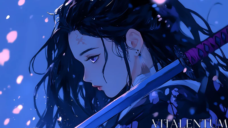 Side profile of sword-bearing woman in blue lighting.