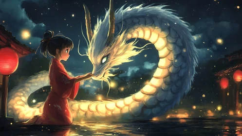 Lanternlit girl greeting a luminous river dragon spirit.