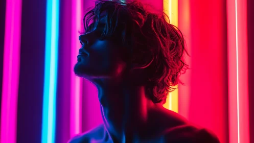 Side profile male silhouette under neon light bars at night.