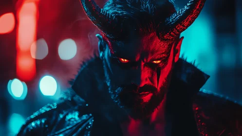Demonic figure glares through neon haze in moody portrait