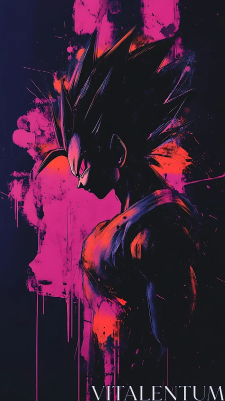 Neon warrior silhouette ignites against electric cosmos stain.