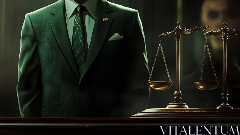 Elegant lawyer stands by golden scales in moody courtroom light