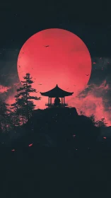 Silhouette pavilion under huge red moon above dark forest.