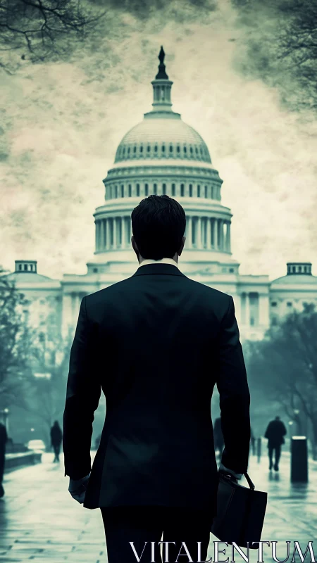 Businessman faces Capitol dome in power stance.