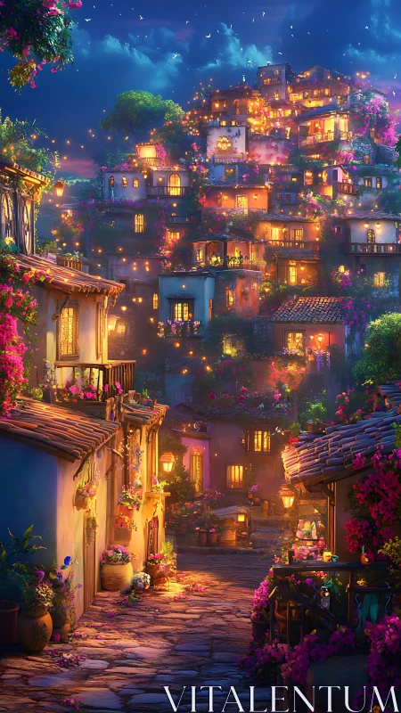Enchanted hillside village glows under a starlit night sky.