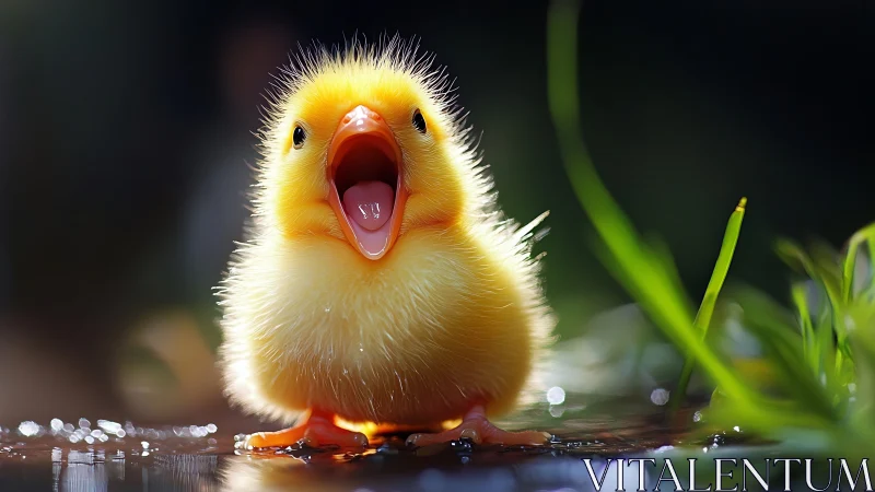 Photorealistic shallow-focus portrait of a calling duckling.