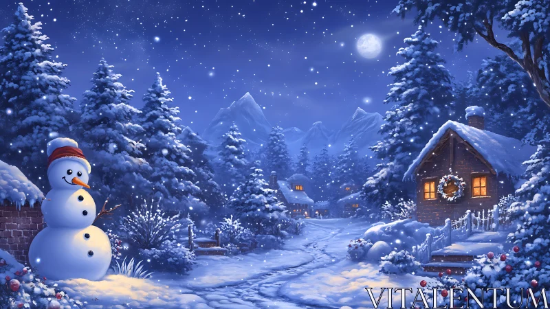 Digital painting of moonlit snowy village with snowman foreground.