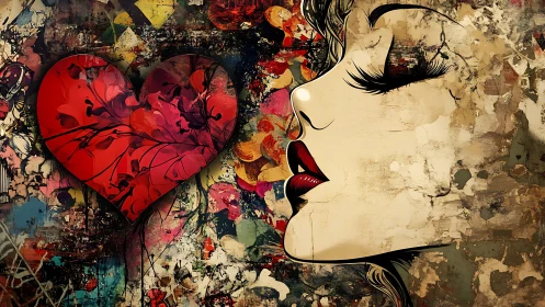 Dreamy woman and blooming heart in a textured love collage.