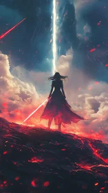 Lone warrior with energy blade beneath cosmic rift.