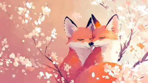 Fox couple share a tender embrace amid spring blossoms.