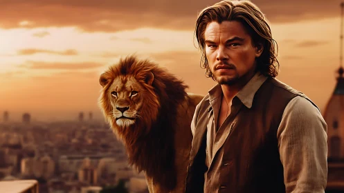 Man and lion stand together above defocused city at sunset