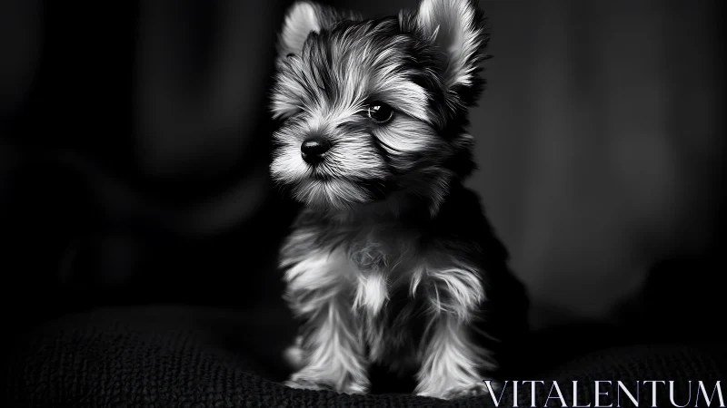 Tiny monochrome puppy basking in soft studio light.