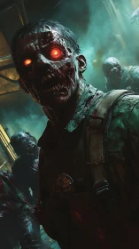 Undead soldier horde with glowing eyes in toxic teal fog.
