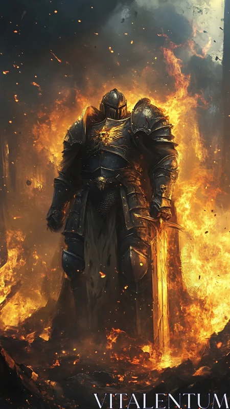 Flameforged knight standing amid infernal battlefield blaze.