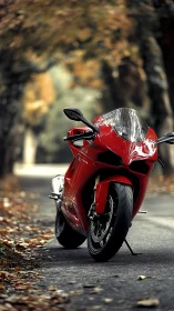 Red sport motorcycle stands on a leaf-strewn forest road