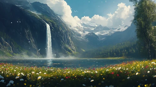 High-dynamic alpine valley panorama with waterfall and wildflower field