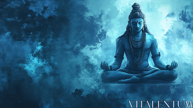 Blue meditative deity seated in tranquil cosmic void