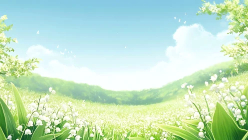 Lily-of-the-valley meadow illustration with aerial perspective.