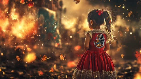 Young Girl in Red Dress Watches Golden Autumn Unfold.