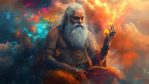 Mystic sage conjures elemental fire amid nebular clouds