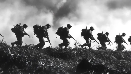 Silhouetted infantry column advancing along ridge under clouded sky