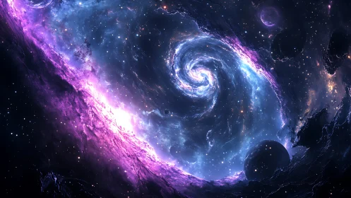 Spiral galactic vortex with ionized nebula rim and dark planets