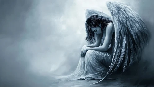Sorrowful angel rests in a misty void of fading light