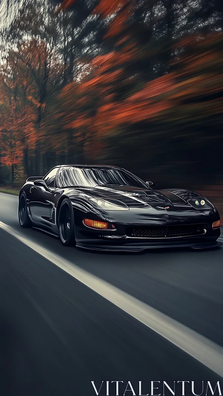 Black sports car cuts through blurred autumn forest road.