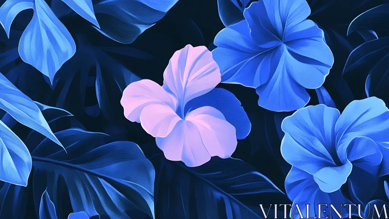 Luminescent Floral Composition: Pink Iris Amid Blue Botanicals.