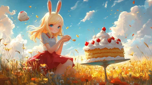 Blonde bunny girl with cake in radiant anime meadow.