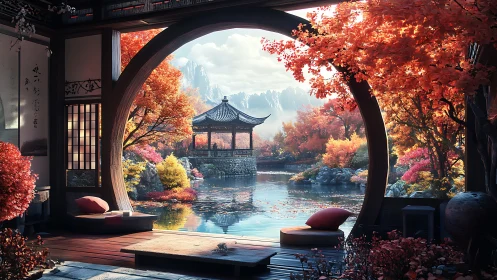 Lakeside moon gate frames autumnal Japanese pavilion vista.