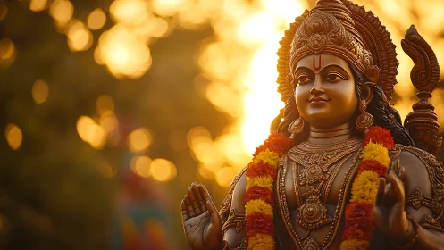 Photorealistic divine statue portrait with warm bokeh backdrop.