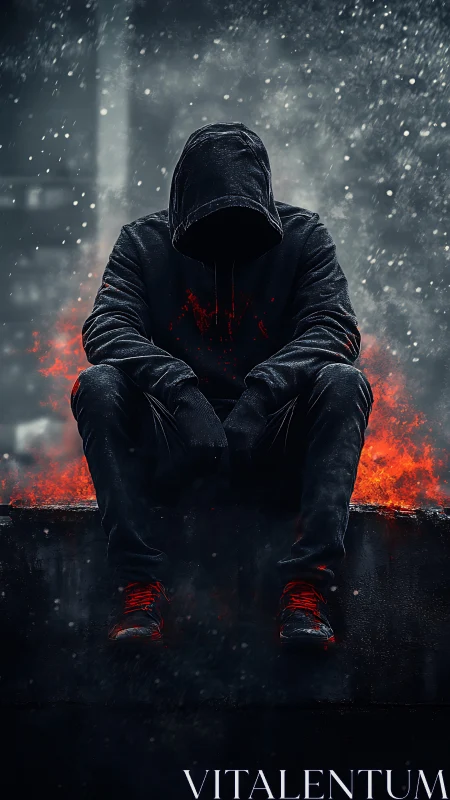 Hooded figure resting in glowing embers and gentle snowfall.