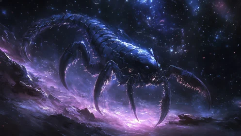 Celestial scorpion titan prowls a violet cosmic shoreline.