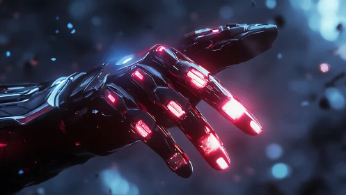 Cybernetic fingertips ignite a storm of lucid crimson light