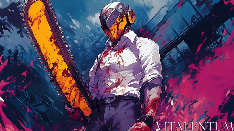 Helmeted figure with chainsaw in stylized urban scene.