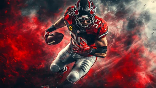 Explosive gridiron charge in vivid red digital clouds.