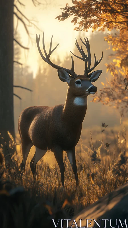 Majestic stag stands in golden forest light at autumn dusk
