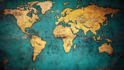 Golden world map glows warmly against textured teal seas