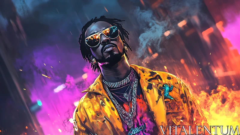 Male figure in reflective jacket amid neon urban flames.