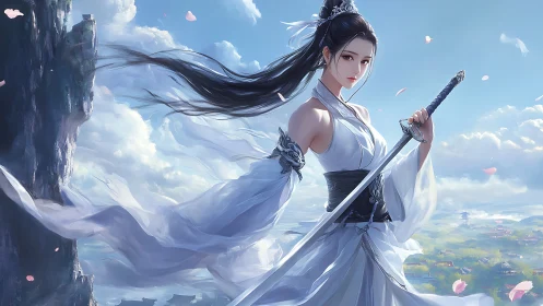 Sky-borne sword maiden in windlit petals and drifting clouds.