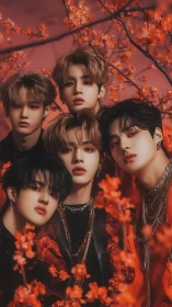 Five stylized male figures framed by red flowering branches.