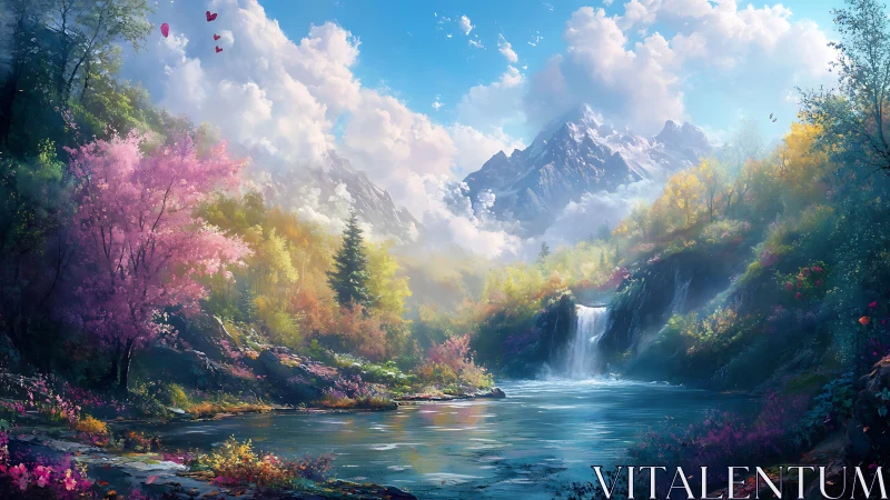 Mountain landscape frames waterfall and reflective river scene