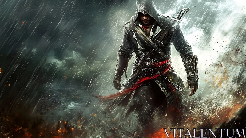 Hooded rogue strides through storm and fire in battle stance.