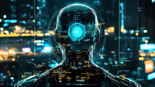 Backlit cybernetic humanoid with luminous neural core interface.