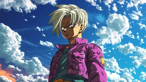 Stoic anime warrior under expansive dynamic cloudscape.