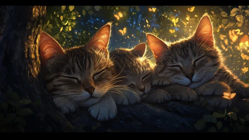 Three Cats Resting in Dappled Golden Sunlight.